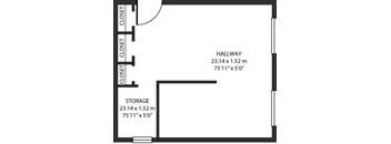 A floor plan of a room with a hallway and storage area.