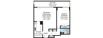 A floor plan of a small apartment with a kitchen, living room, dining room, and two bedrooms.