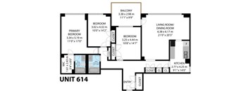 A floor plan for a unit labeled 614 shows the layout of the bedrooms, living room, dining room, kitchen, and closets.