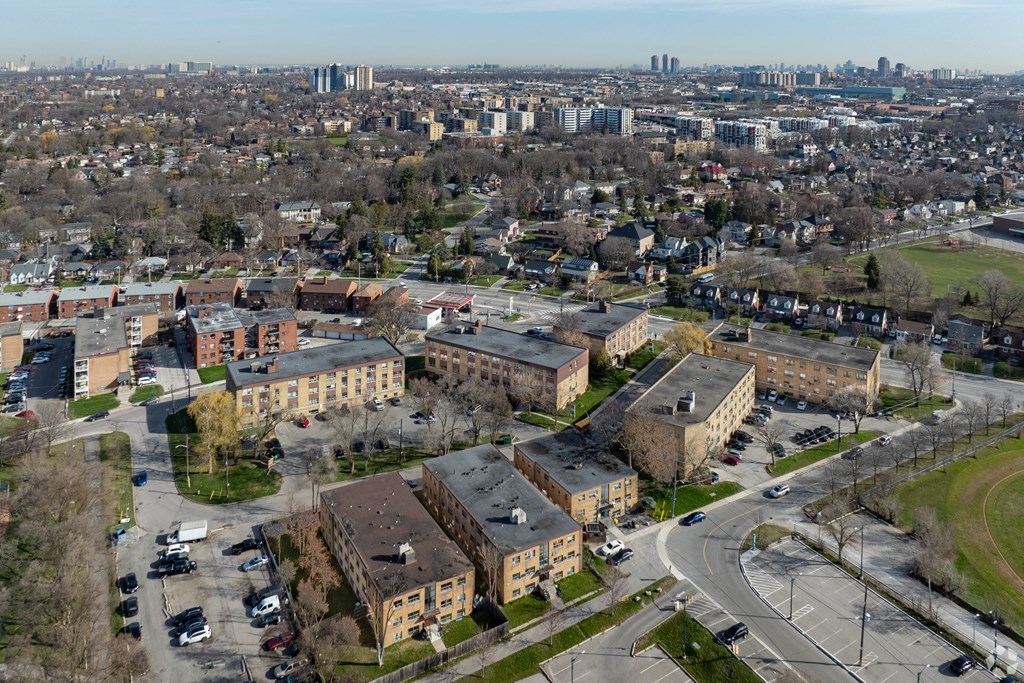 A view of a city from a high vantage point.