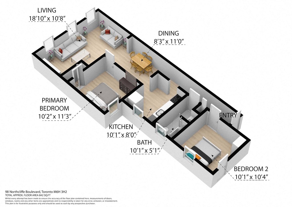 A diagram of a small apartment layout with a living room, dining room, kitchen, and two bedrooms.