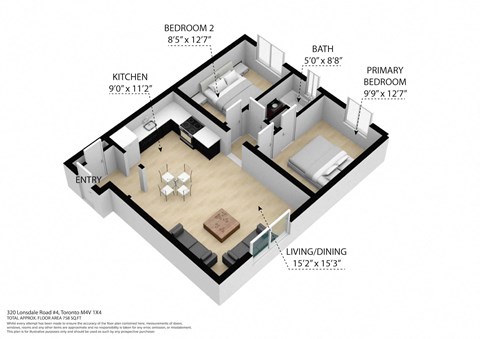 A diagram of a small apartment layout with a living room, kitchen, and two bedrooms.