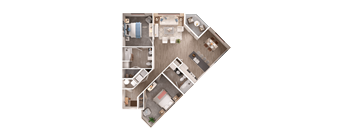 A top-down view of a house layout with a kitchen, living room, and bathroom.