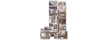 A floor plan of a house with a kitchen, living room, and bathrooms.