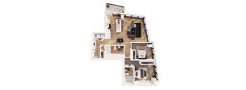 A top-down view of a house layout with a kitchen, living room, and two bedrooms.