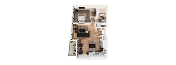 A top-down view of a modern living room with a fireplace and a kitchen area.