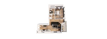 A modern apartment with a fireplace and a kitchen area.