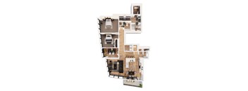 A detailed 3D floor plan of a modern apartment.