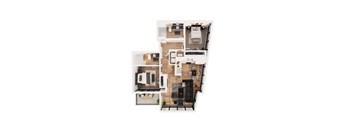 A top-down view of a modern apartment layout.