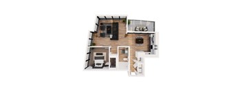 A top-down view of a modern apartment layout with a living room, kitchen, and bedrooms.