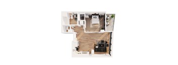 A top and bottom view of a room with a fireplace, a bed, a desk, and a chair.