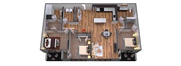 A top-down view of a house interior with a kitchen, living room, and dining area.