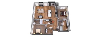 A 3D floor plan of a house with a living room, kitchen, and dining area.
