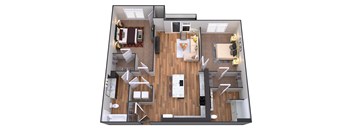 A 3D floor plan of a house with a living room, kitchen, and dining area.