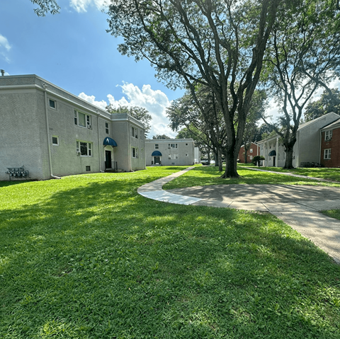 A grassy area with a pathway and a tree in front of a building.