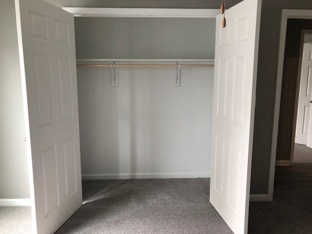 a closet with two white closets and two doors and a carpeted floor