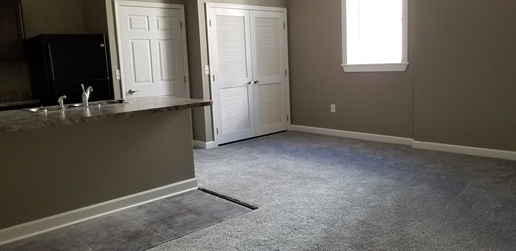 a kitchen and a living room with carpeted flooring and a door to a