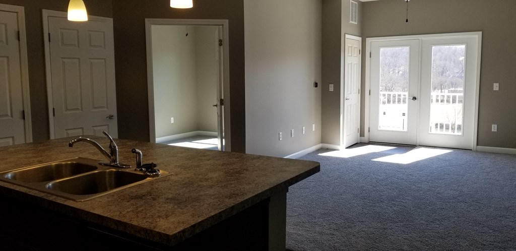 an empty kitchen with a sink and an empty living room