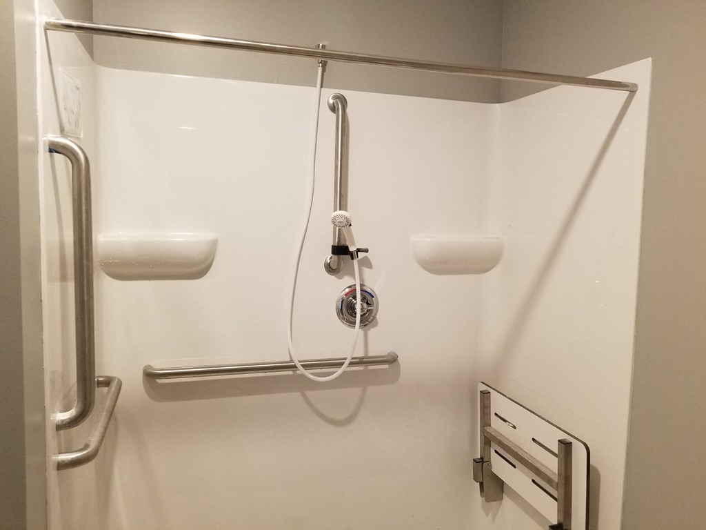 a white bathroom with a shower and grab bars