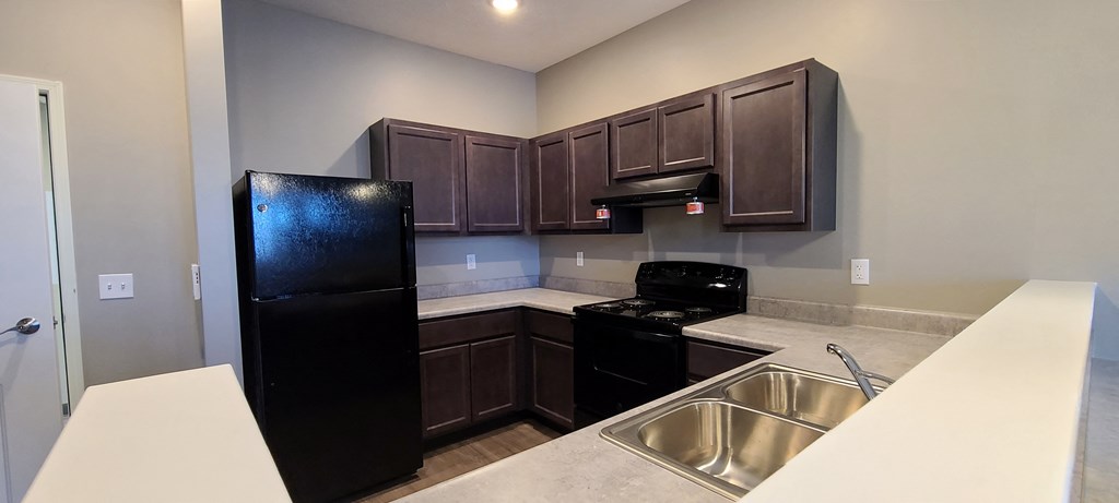 a kitchen with a black refrigerator and a sink