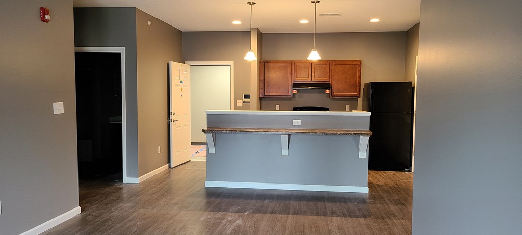 a kitchen with a blue counter top in a house