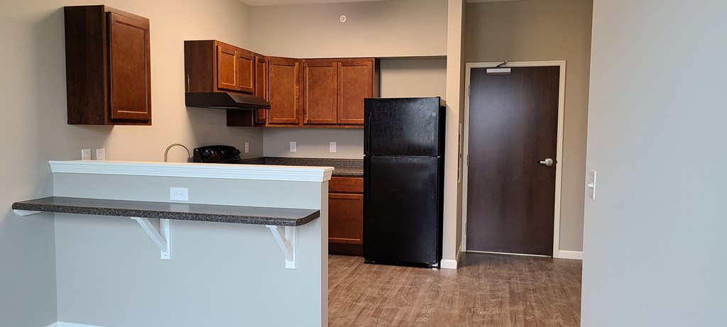 a kitchen with a refrigerator and wooden cabinets and a counter