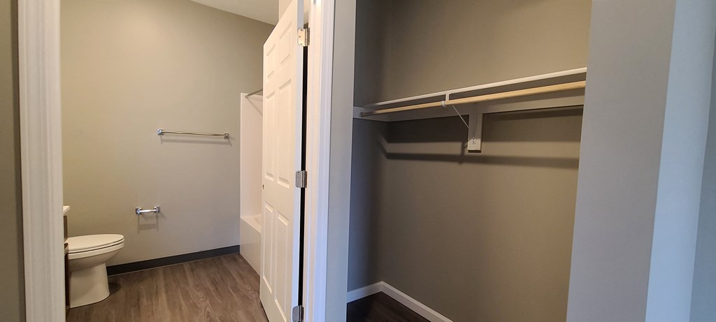 a bathroom with a closet and a toilet in it