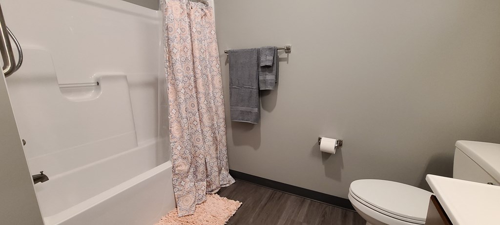 a bathroom with a toilet and a shower curtain in it