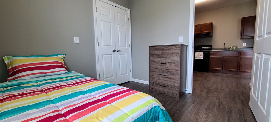 a bedroom with a bed and a closet and a kitchen