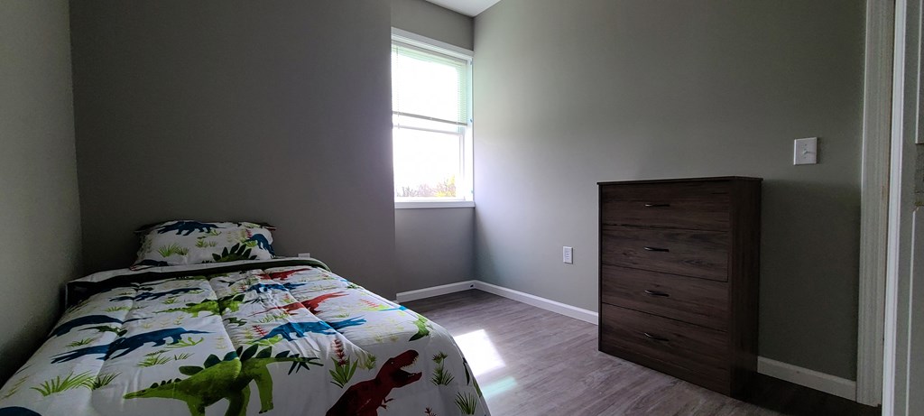 a bedroom with a bed and a dresser and a window