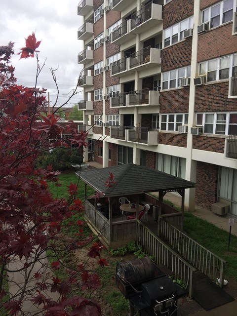an apartment building with a small porch and a red tree