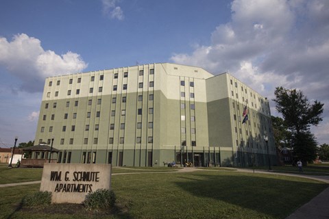 a building with a sign in front of it
