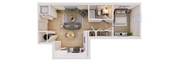A top-down view of a small apartment with a living room, kitchen, and bedroom.