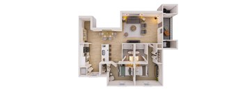 A white floor plan of a house with a kitchen, living room, and bathroom.