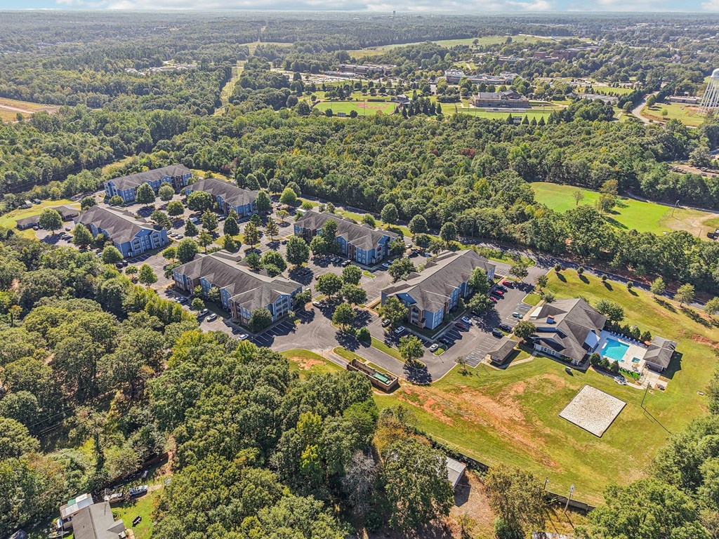 A bird's eye view of a residential area with houses surrounded by trees.
