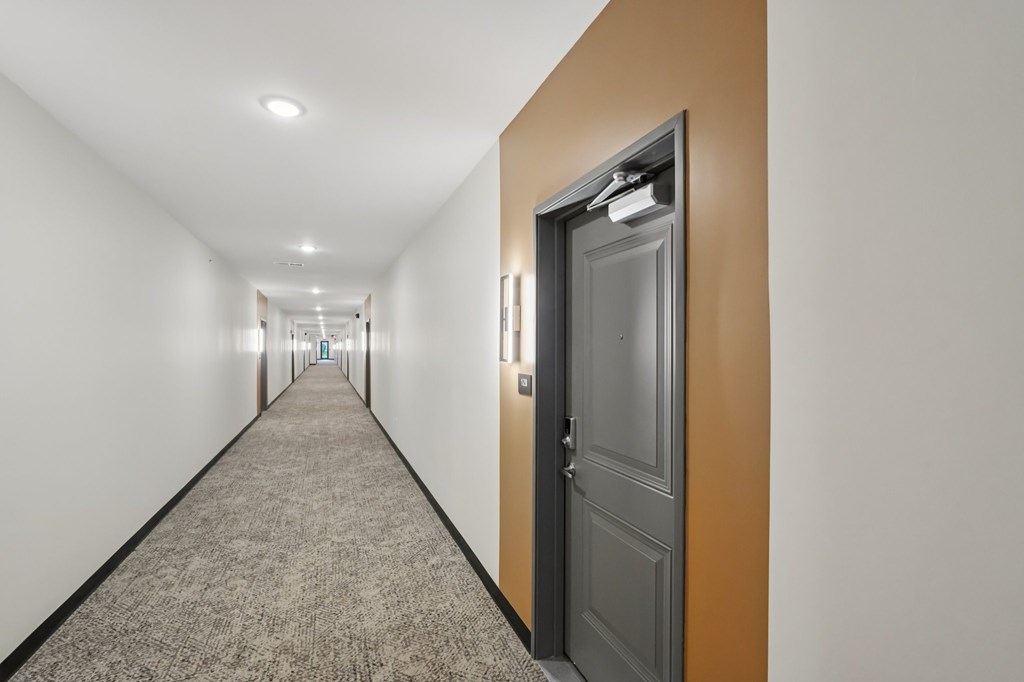 A long hallway with a carpeted floor and a closed door at the end.