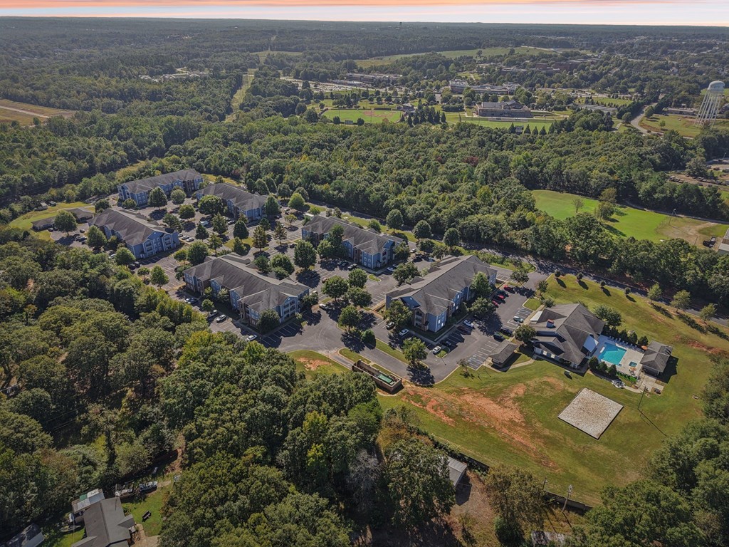 A bird's eye view of a residential area with houses surrounded by trees.