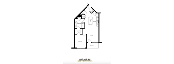 A black and white image of a floor plan for a unit with one bed and one bath.