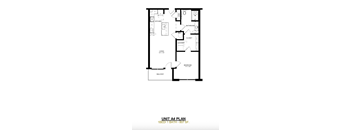 A black and white image of a floor plan for a 1 bedroom apartment.