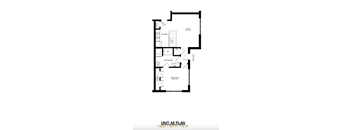A black and white image of a floor plan for a 1 bedroom, 1 bathroom unit.