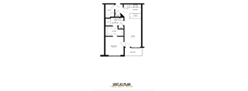 A black and white image of a floor plan for a 1 bedroom apartment.