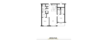 A black and white image of a floor plan for a 2 bedroom, 2 bathroom apartment.