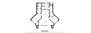A black and white image of a floor plan for a 2 bedroom, 2 bathroom apartment.