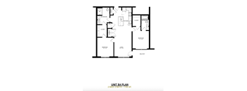 A black and white image of a floor plan for a 2 bedroom, 2 bathroom apartment.