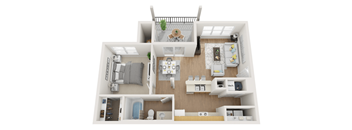 A top-down view of a modern apartment layout.