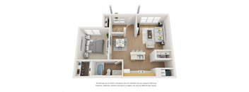 A white floor plan of a house with a kitchen, living room, and bedrooms.