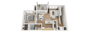 A 3D floor plan of a small apartment with a kitchen, living room, and bedroom.