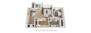 A 3D rendered image of a modern apartment layout.