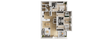 A 3D floor plan of a house with a kitchen, living room, and bedrooms.