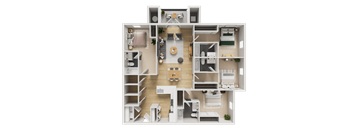 A detailed 3D floor plan of a two-story residential apartment.